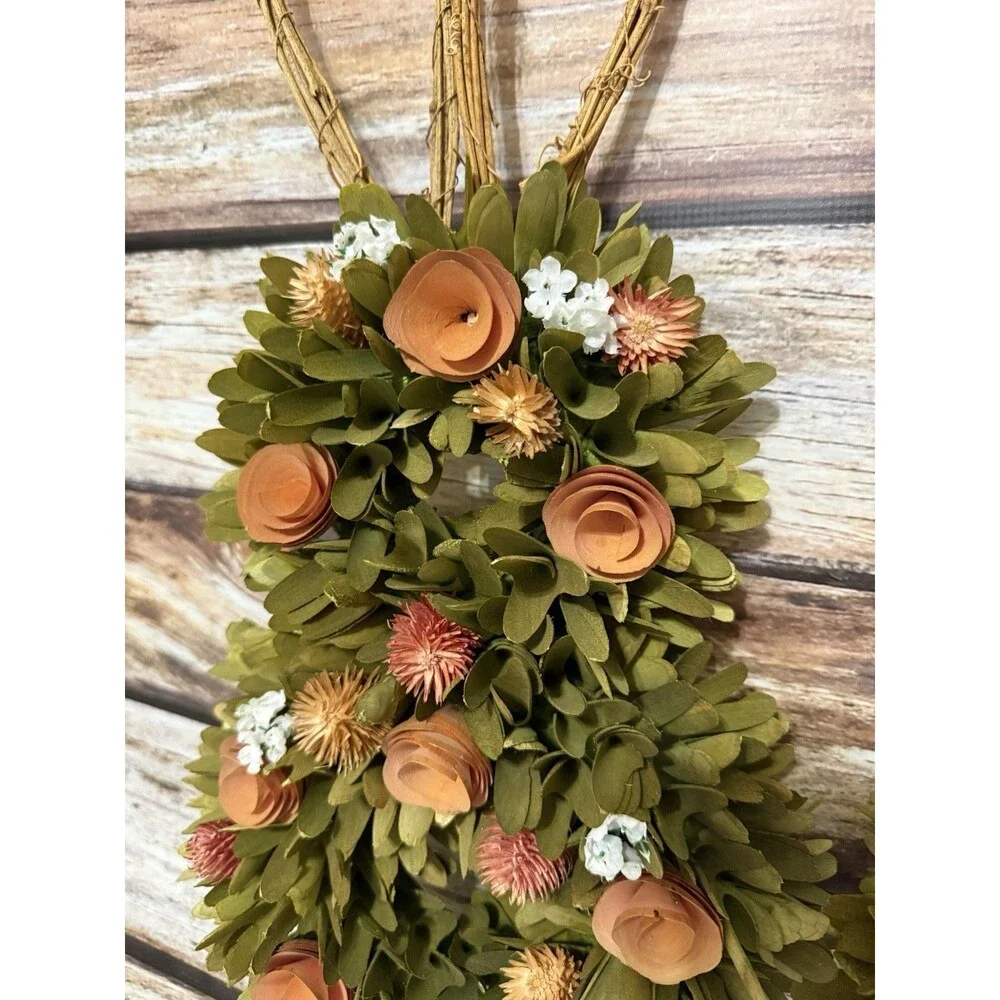 Handmade Wood Shaving Pink & Blue Floral Bunnies Decor Art Farmhouse Cottagecore